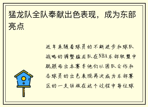 猛龙队全队奉献出色表现，成为东部亮点